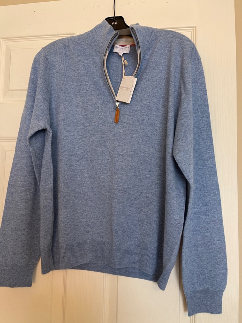 Lorenzo Uomo Sky Blue Half-Zip Sweater with Leather Pull